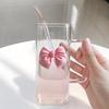 400ml quadratischer Glasbecher mit Strohhalm und Schleifenakzent Hitzebeständiger Wasserbecher für verschiedene Getränke