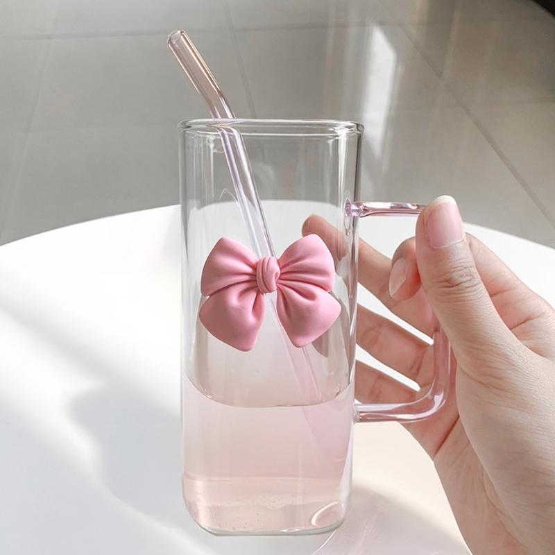 400ml quadratischer Glasbecher mit Strohhalm und Schleifenakzent Hitzebeständiger Wasserbecher für verschiedene Getränke