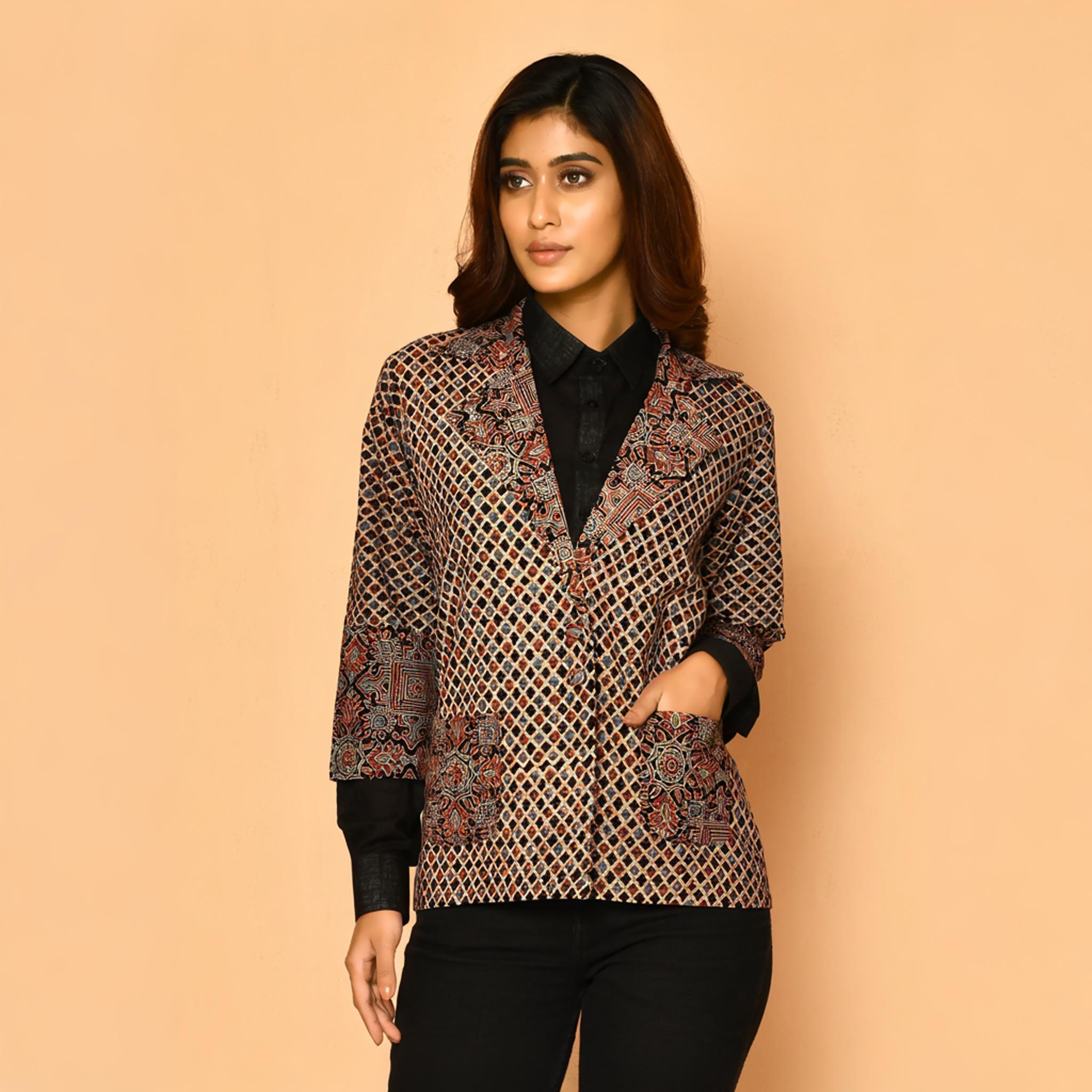 

Black Ajharak Coat cotton Jacket for women L чорний