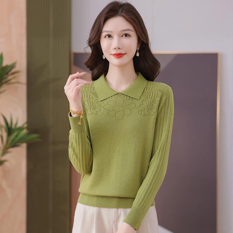 Autumn 2025 Hollowed-Out Long-Sleeve Knitted Sweater with Turn-Down Collar - Women's Fashionable Base Layer Pullover