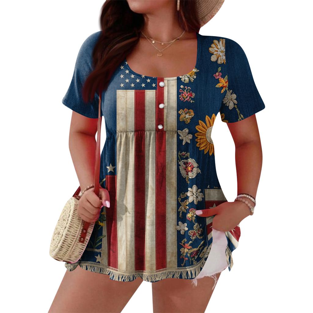 Women's Fashionable Casual Short Sleeve Loose Fit Button Front Printed Blouse