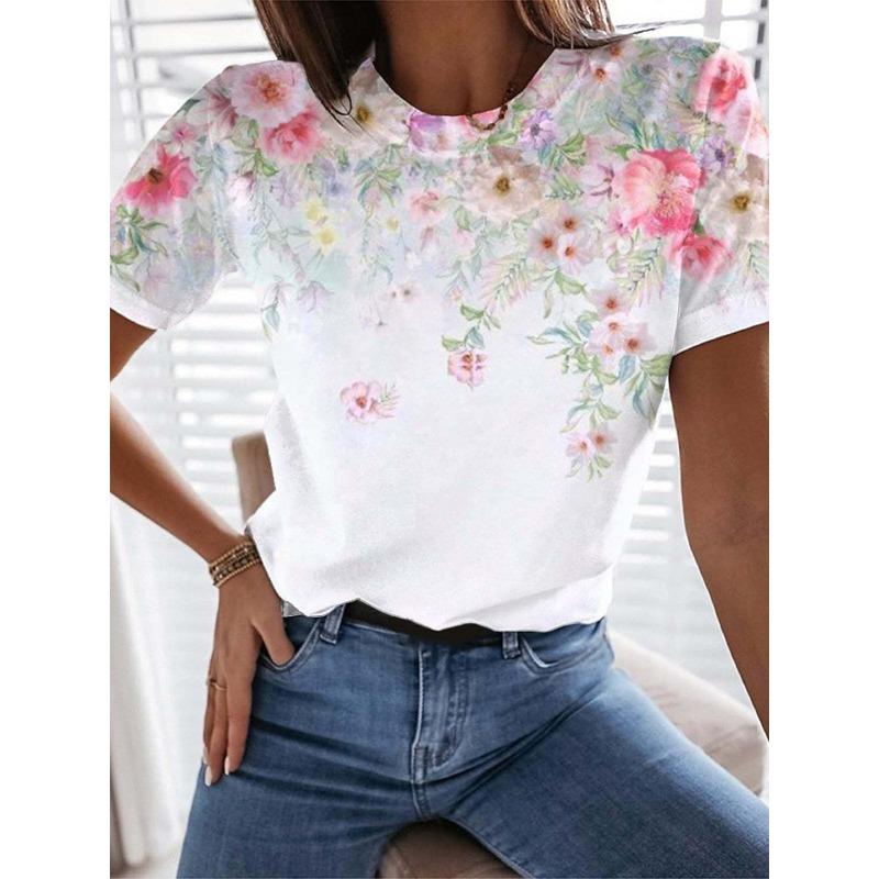 Summer Calf Print Women's Commuting Round Neck Short Sleeved Shirt T-Shirts Women’s