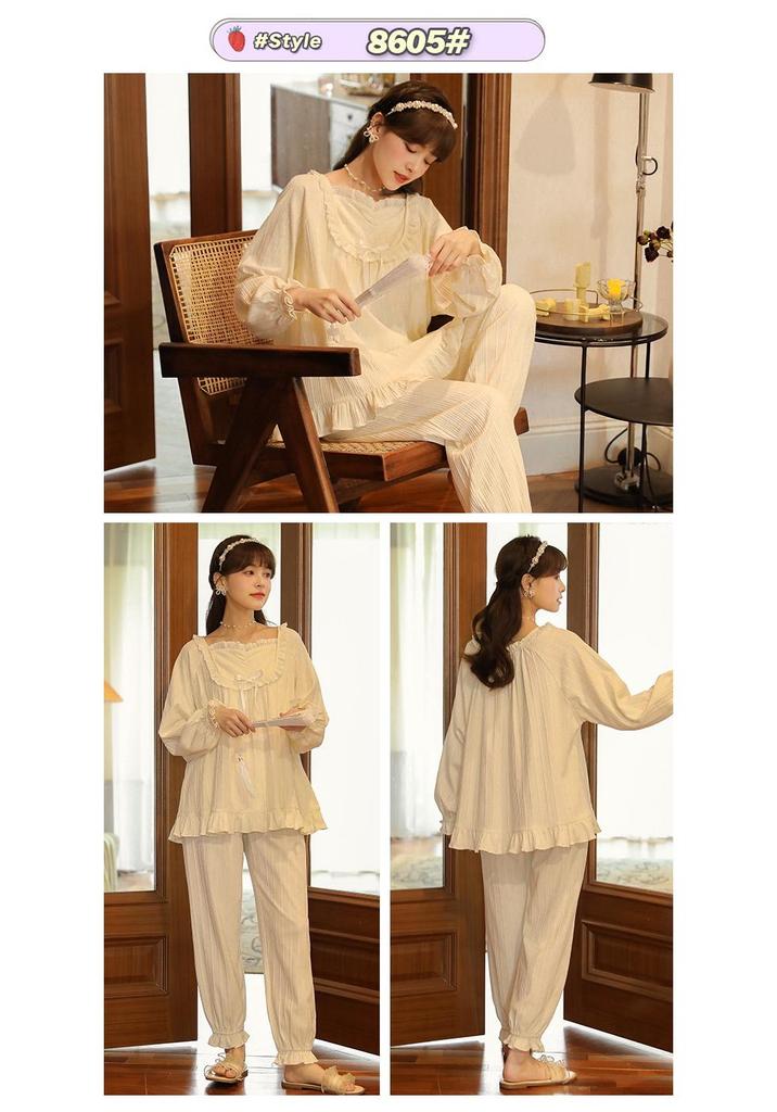 Tiruxin Women's Ribbed Long Sleeve Pajama Set - Retro Princess Court Style