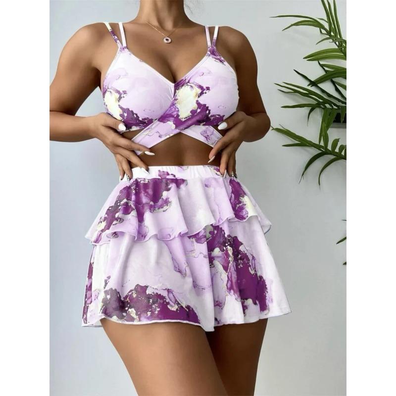 Sexy Bikini 2025 Mujer Skirt Swimsuit Women Blue Marple Print Cover Up 3 Piece Swimwear Beach Bathing Suit Swimming Suit Biquini