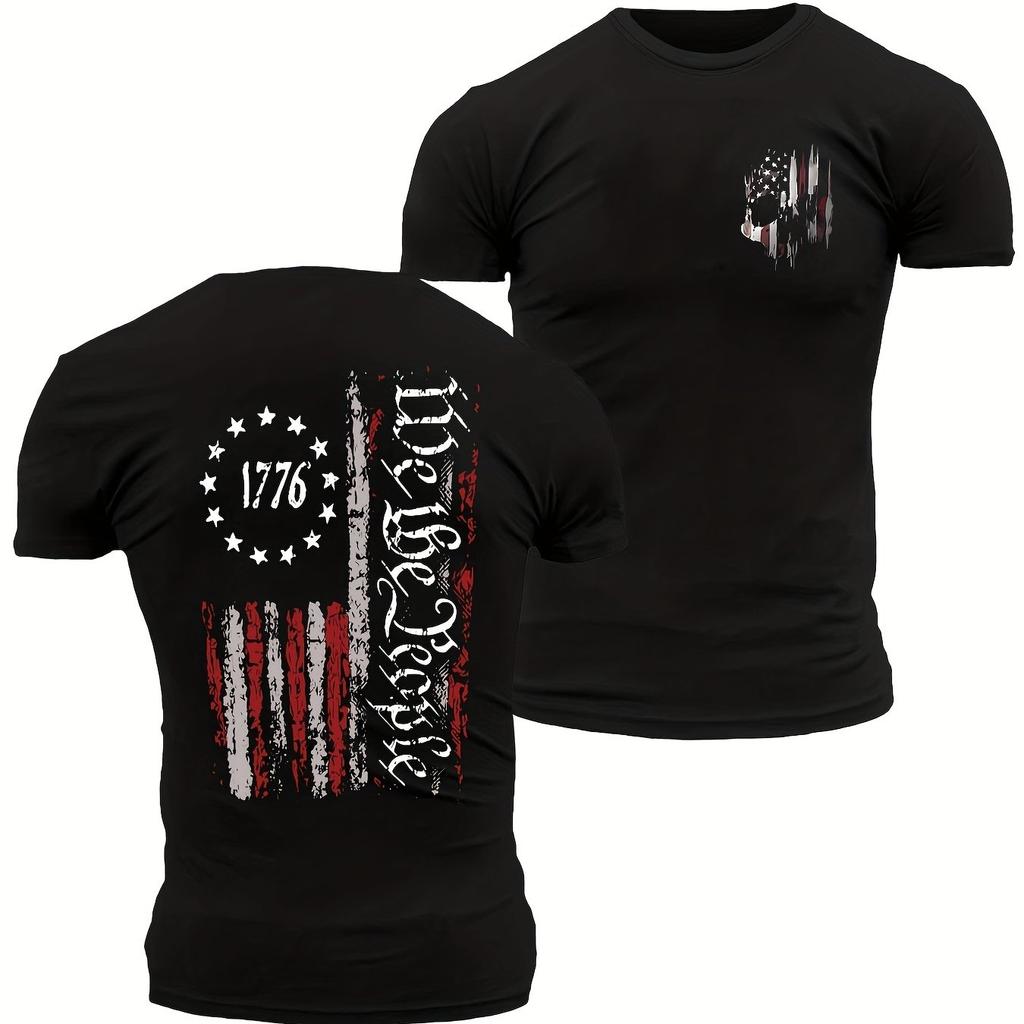 Pánské ležérní tričko s kulatým výstřihem a potiskem americké vlajky 1776 We The People Geometrická strečová tkanina Letní tričko běžného střihu