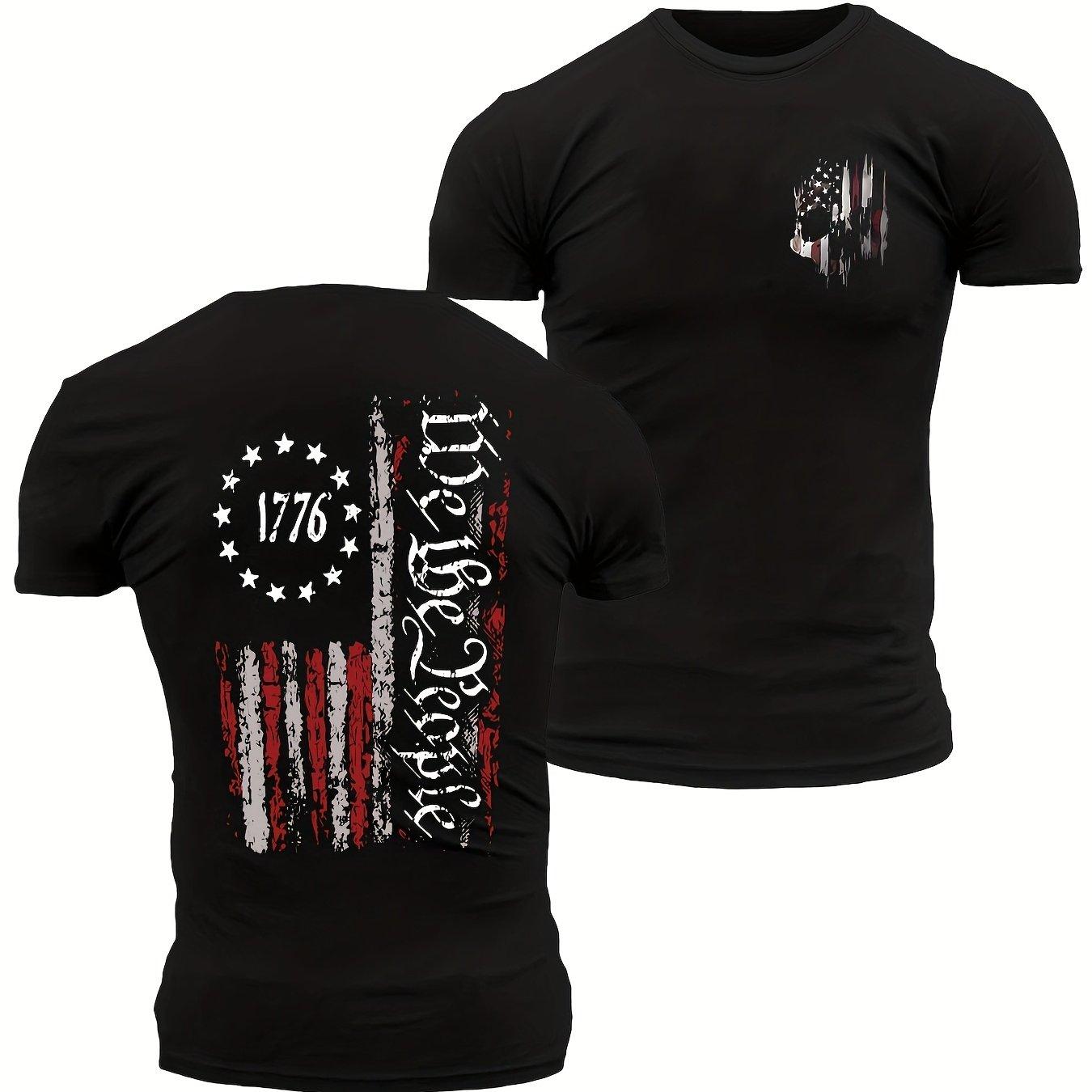 

Men S Casual Crew Neck T-Shirt with 1776 American Flag We The People Print Geometric Stretch Fabric Summer Regular Fit Tee M