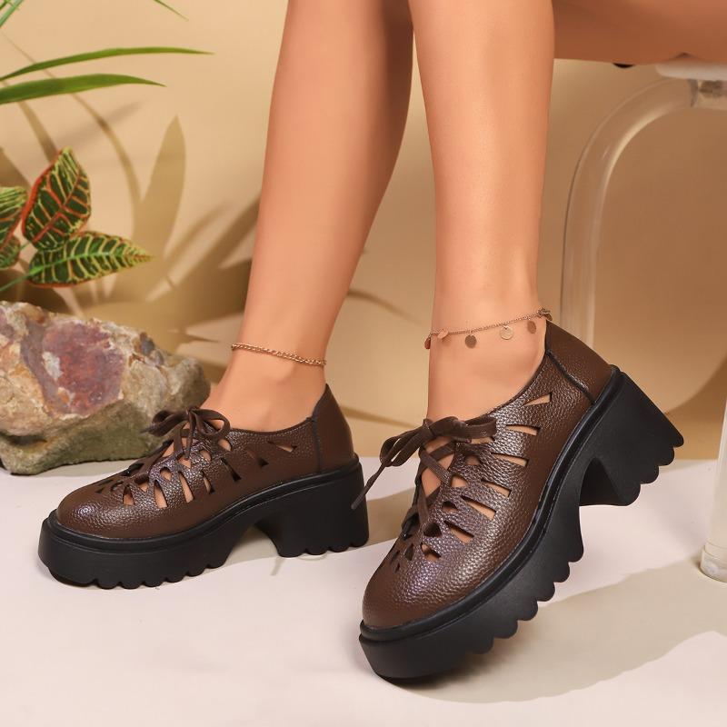 Platform Cut-Out High Heel Lace-Up Small Leather Shoes Women's Round Toe Shallow Mouth Platform Block Heel Loafers