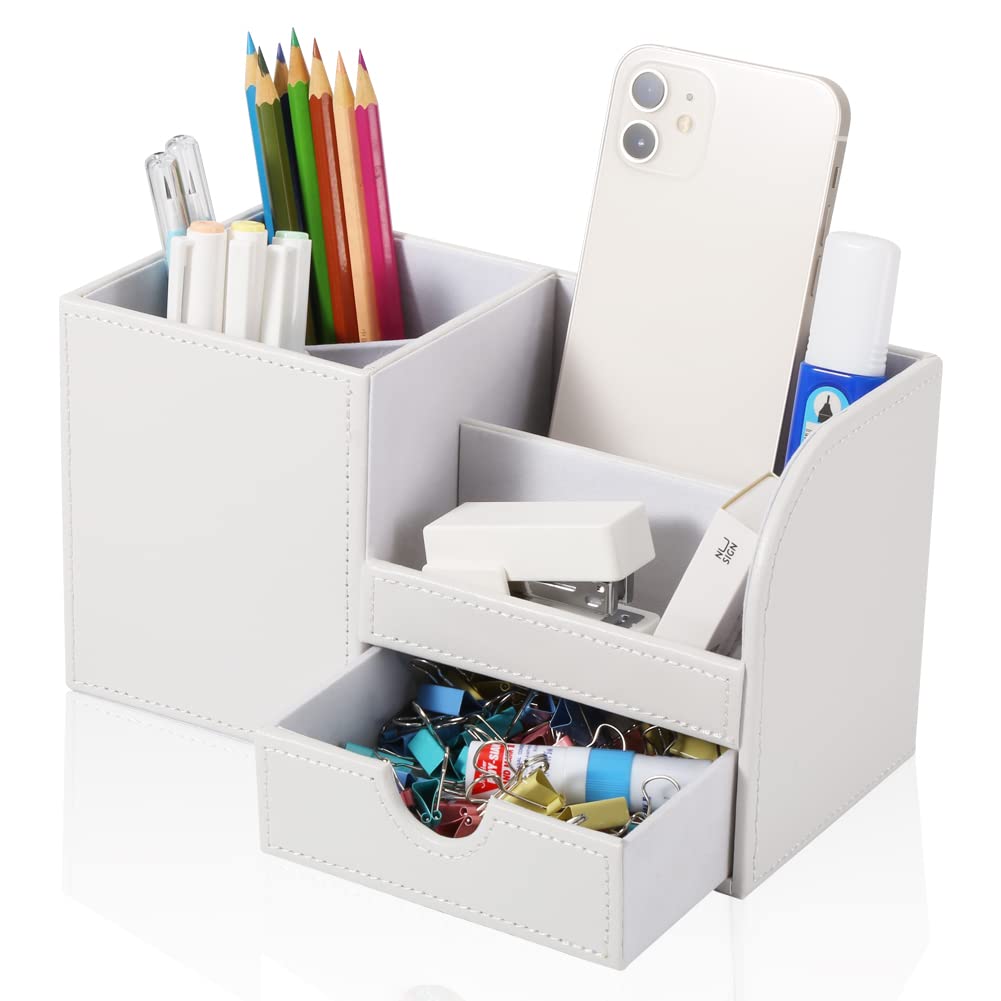 KINGFOM Organizér na psací potřeby na stůl z PU kůže s úložným prostorem na dálkové ovládání a malým zásuvkovým boxem, Stojan na pera/tužky, Držák, (Bílý)