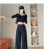 Dark Blue Fleece-Lined High-Waisted Wide-Leg Jeans for Women - Autumn/Winter Versatile Slimming Straight Pants