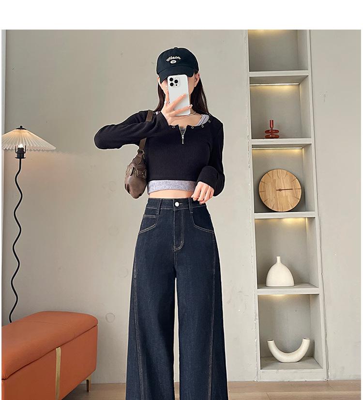 Dark Blue Fleece-Lined High-Waisted Wide-Leg Jeans for Women - Autumn/Winter Versatile Slimming Straight Pants