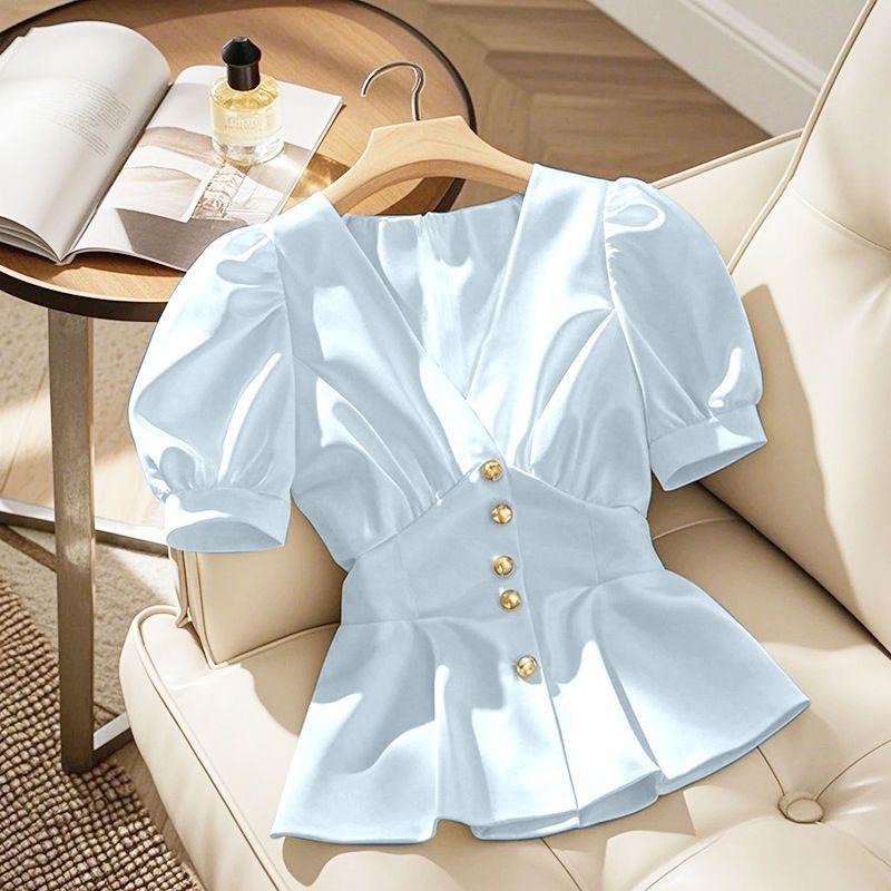 Chic Blue French Niche Short-Sleeve Blouse - Stylish Women's Outerwear for Summer 2026