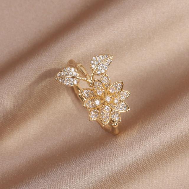 

Новый дизайн модные ювелирные изделия 14K настоящее позолоченное изысканное листовидное кольцо с цветком циркония элегантное женское повседневное открывающееся регулируемое кольцо Resizable белый