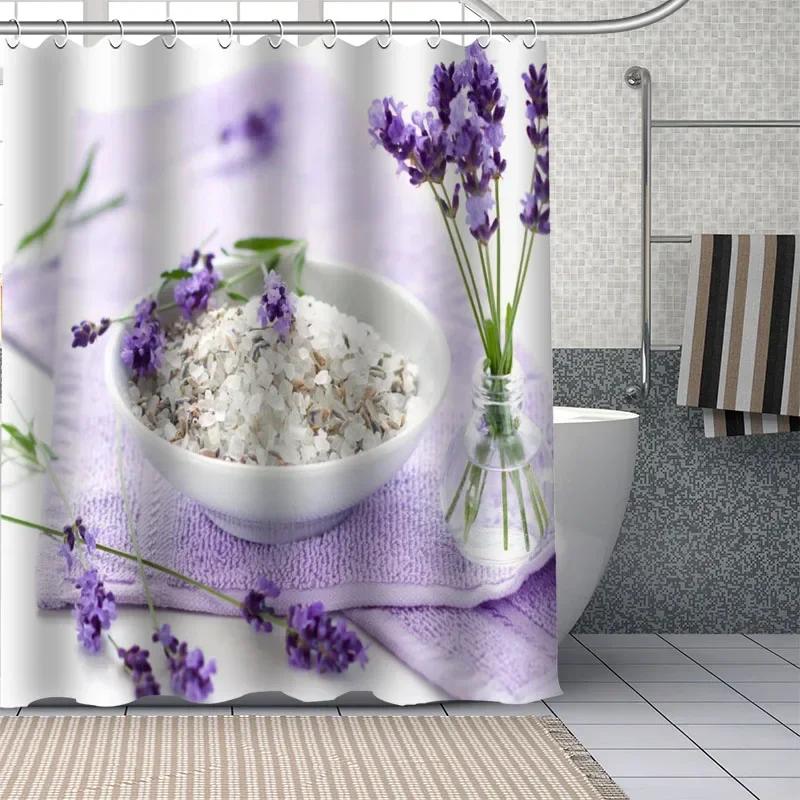 Benutzerdefiniert Schöne lila Lavendelblüten Duschvorhänge DIY Badezimmer Vorhang Stoff Waschbar Polyester für Badewanne Kunst Dekor