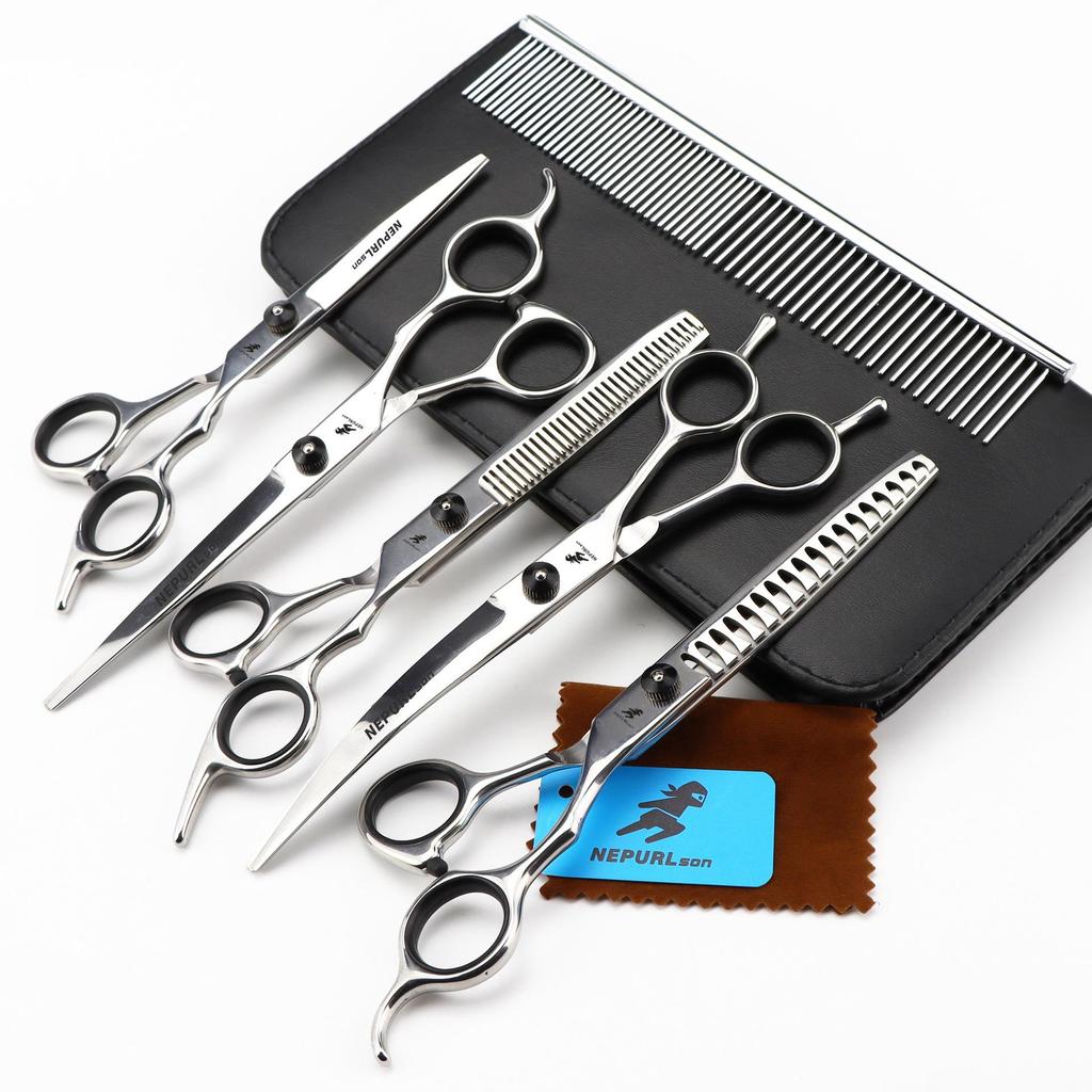 7-inch Napsun Black Pet Grooming Scissors Set: 4 Straight Shears, Fishbone Design, 3pcs 5pcs Options