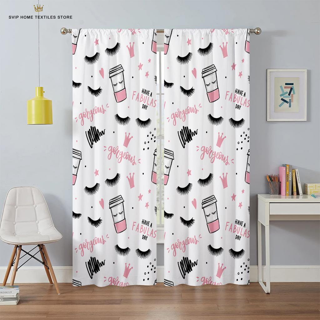 Thin Eyelash Eyes Shading Curtain for Living Room, Bedroom, Children, Windows, Bathroom Decor, Pink, Blue, Yellow, 2Pieces