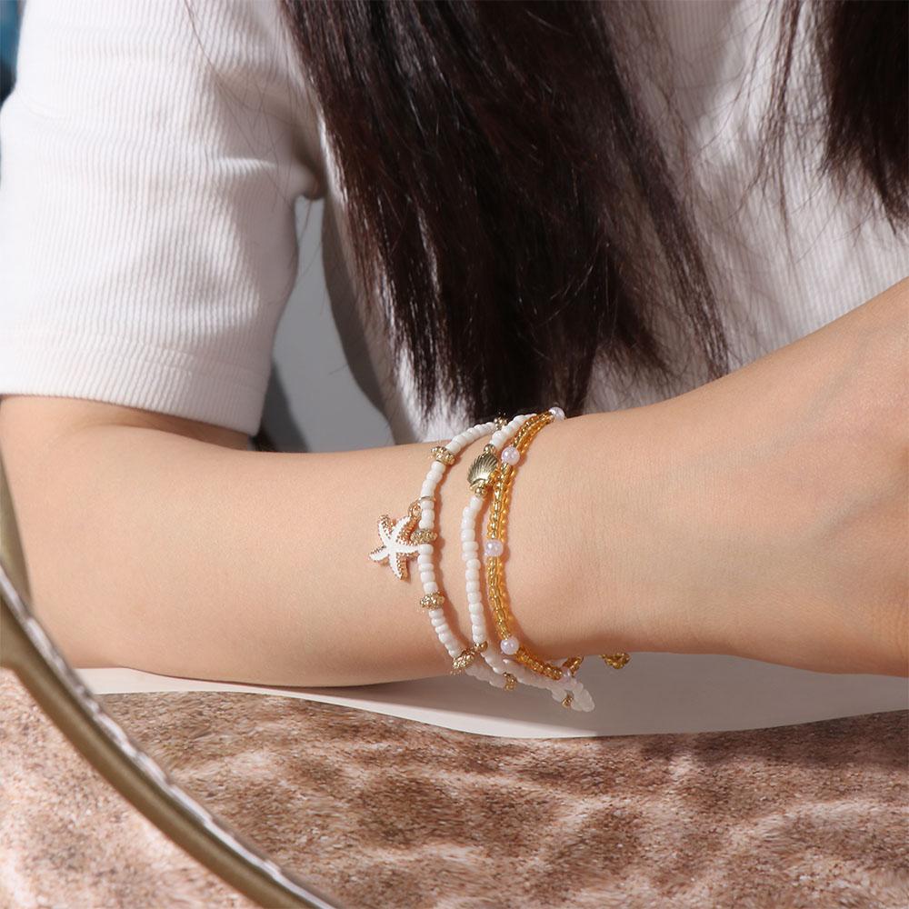 Multilayer Beaded Starfish Shell Ankle Chain Three-Layer Beach Foot Jewelry  Summer