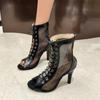 Fashion Women's Lace-up Fish Mouth Cool Boots Women's Summer Thin Heel Hollow Short Boots Jazz Dance High Heels Sandals Large Size 35-43