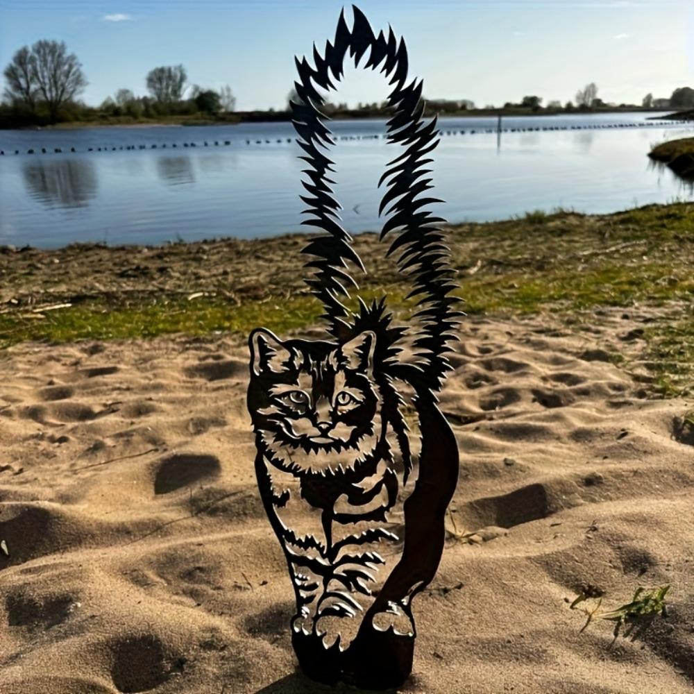 Freestanding Metal Cat Garden Stake Abstract Rustic Iron Sculpture Indoor Outdoor Lawn Decor Sturdy Durable Yard Patio Decoration Gift Cat Lovers
