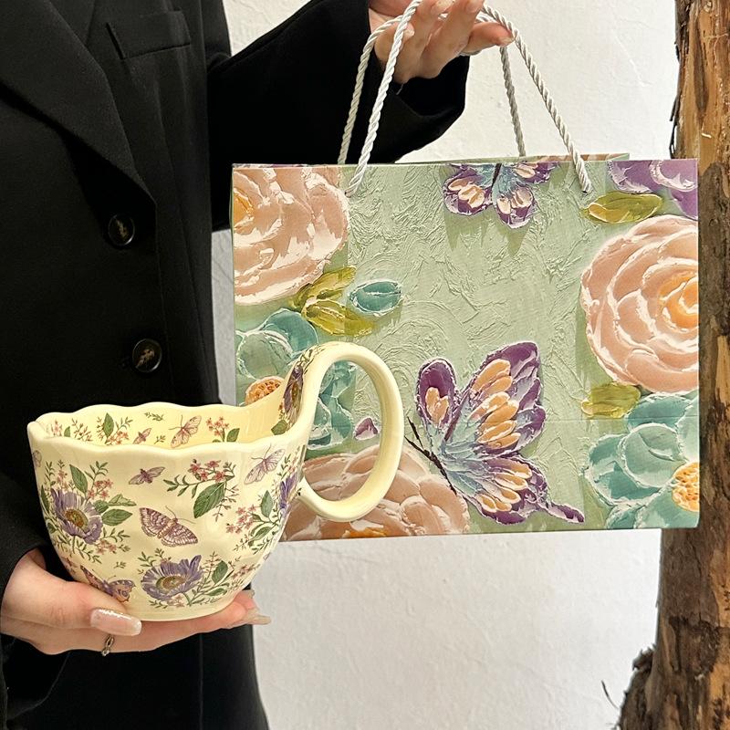 Flowering Song Handle Cup Retro Ceramic Mug Breakfast Oat Cup Afternoon Tea Coffee Cup Souvenir Birthday Gift