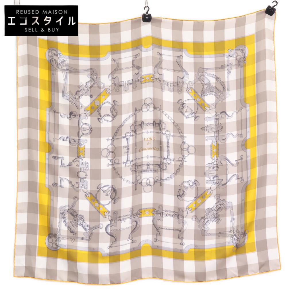 HERMES Mors et Gourmettes Silk Bit and Leash, Carre90 scarf Yellow / GrayUsed