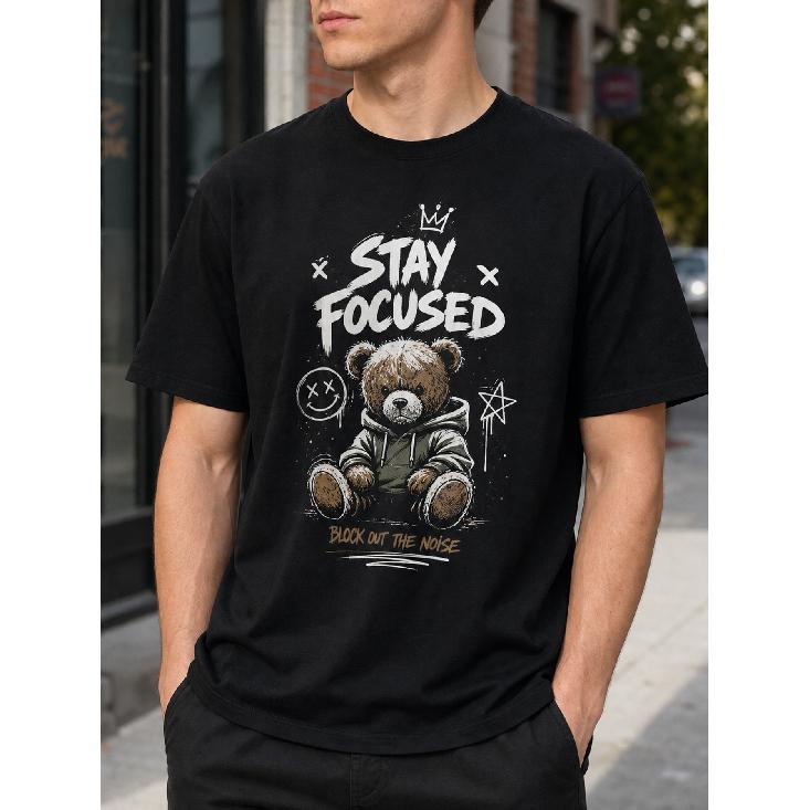 Men s Stay Focused Bear Graphic Tee - Soft Cotton Short Sleeve Crew Neck T-Shirt with Motivational Streetwear Design for Daily Casual Wear S чёрный