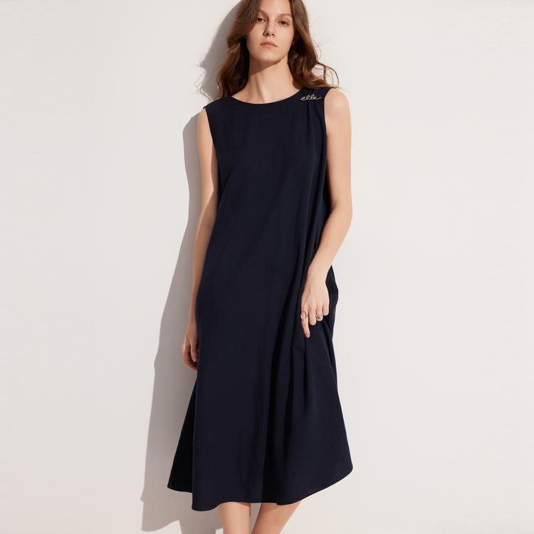 ELLE French Style Logo Design Mid-Length Slimming Little Black Dress Sleeveless Dress Women Dresses Dark-Blue EL48776