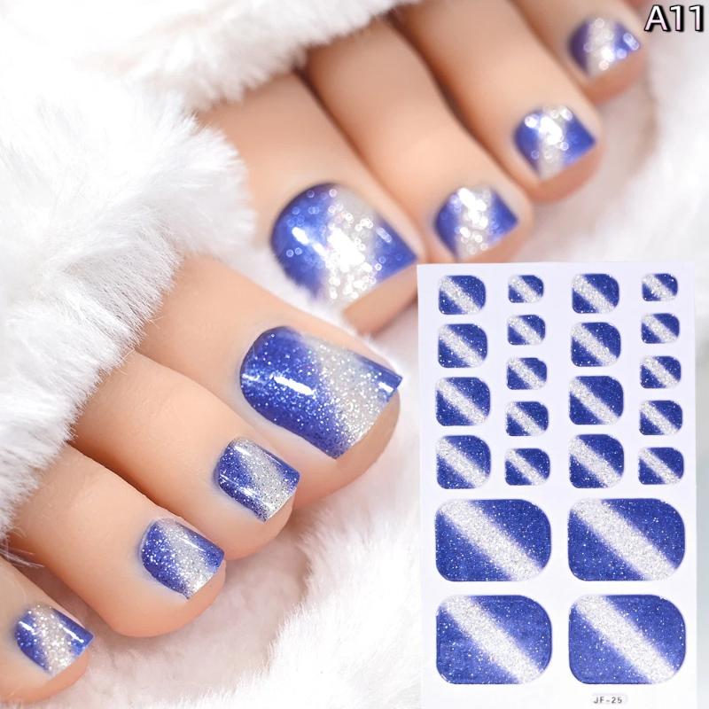 22Pcs/Sheet Toe Nail Sticker Wraps Baking Free Simple Solid Color Glitter Full Cover Toenail Polish Strips Waterproof