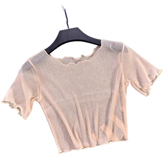 O-Ausschnitt Kurzarm Sheer Trim Crop Top Frauen See-through Glitter Mesh T-Shirt Streetwear