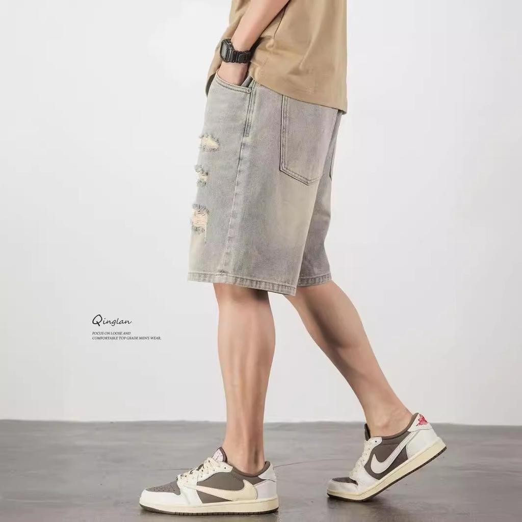 JYL Unisex Denim Shorts Summer Couple Ripped Loose Casual Trendy Fifth Pants Denim