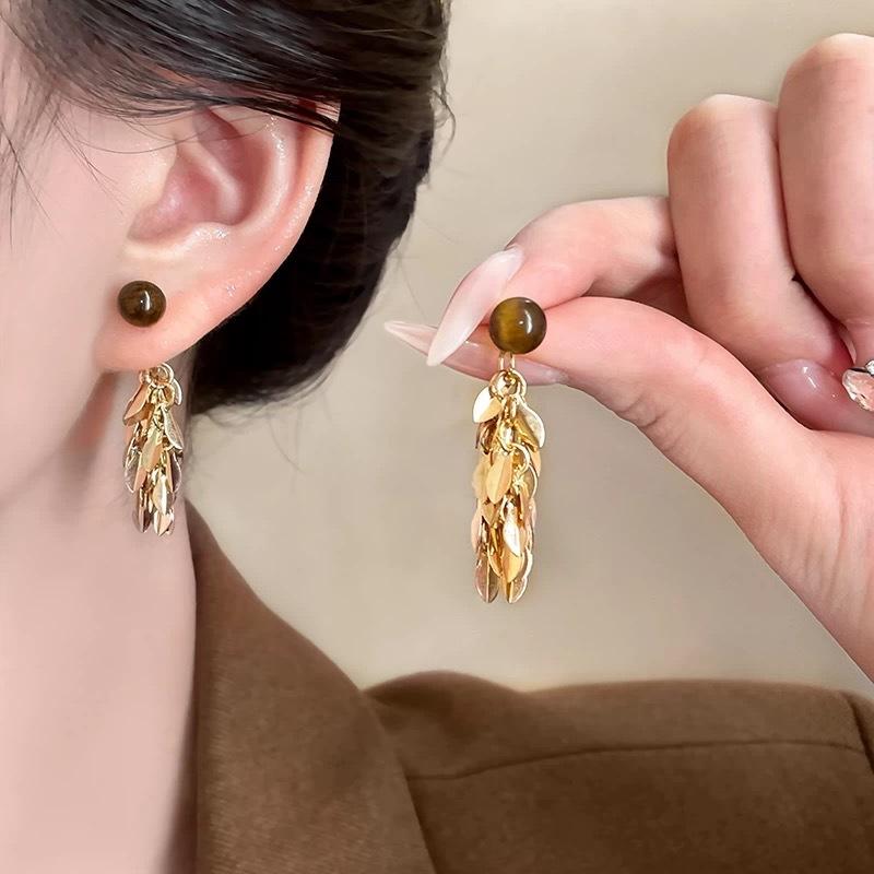 

Gold Wings~ Maillard Wind Tiger s Eye Stone Fringed Earrings Femininity Versatile Earrings Light Luxury Premium Earrings