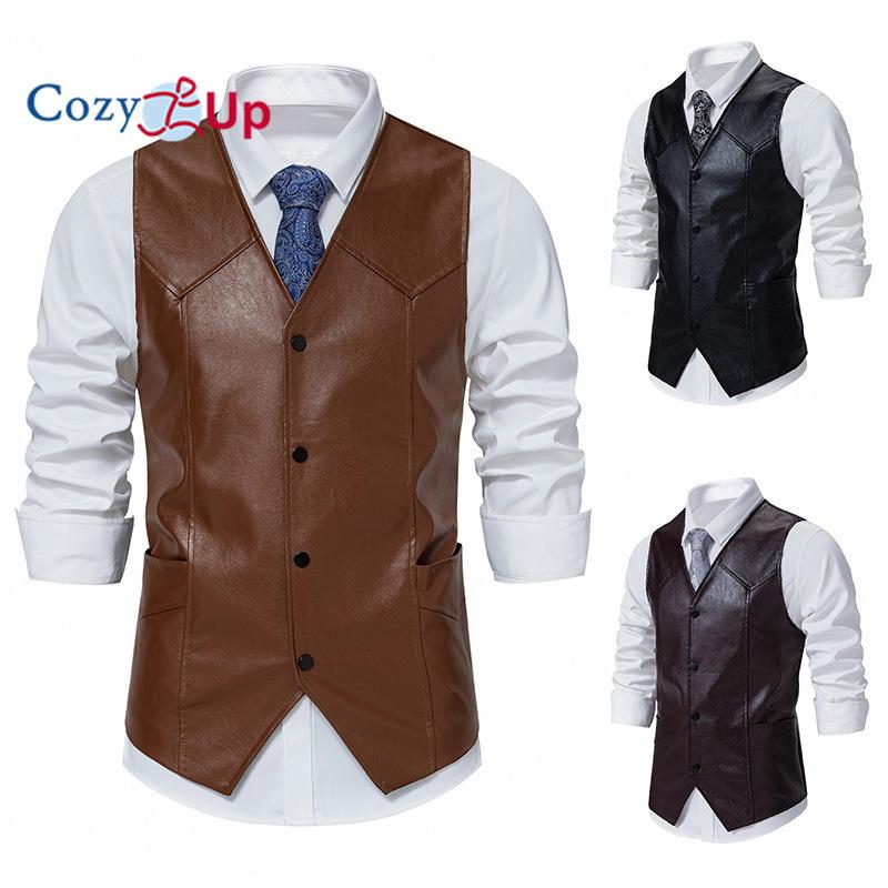 Vestă de motocicletă cu un singur piept pentru bărbați Cozy Up, vintage, cu decolteu în V