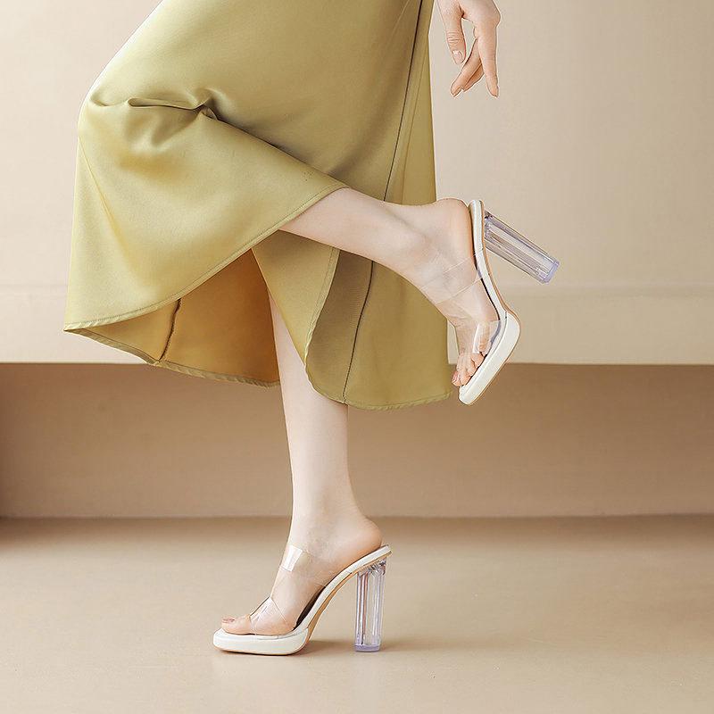 2025 summer new waterproof table transparent high heels women's thick heel nude versatile sandals with sandals