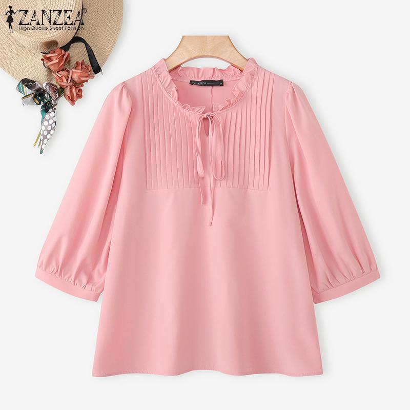 ZANZEA Dámská ležérní halenka s kulatým výstřihem, volným 3/4 rukávem a jednobarevným provedením