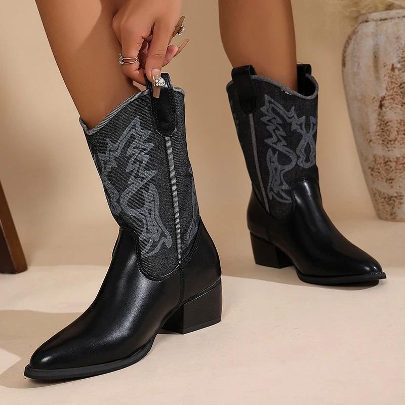 Vintage Drukowane Westernowe Buty Kowbojskie Damskie Szpiczasty Nosek Średnie Obcasy Buty do Połowy Łydki Kobieta Patchwork Wsuwane Wysokie Botas Mujer