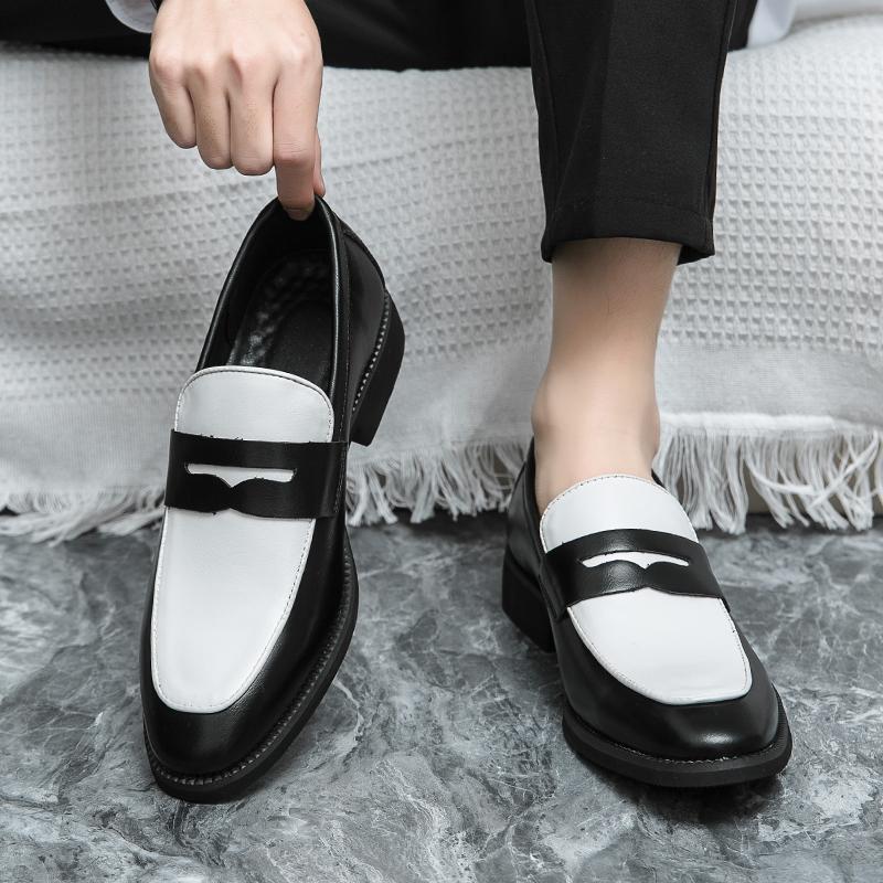 

Spring 2025 Black & White Color Block Leather Slip-on Loafers for Men - Plus Size, British Business Casual Style 45 чёрный/белый
