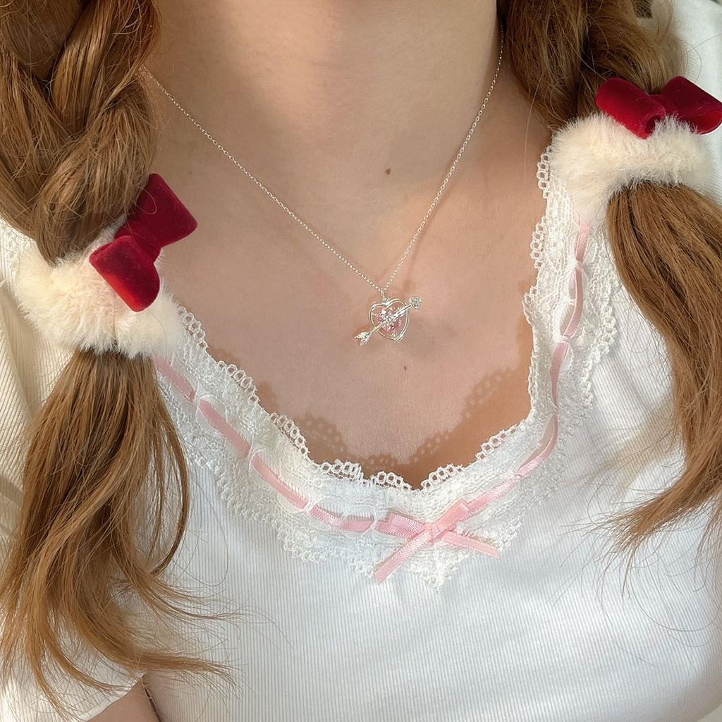 Cupid Heart S925 Sterling Silver Pink Diamond Love Necklace Women's Light Luxury Girl Heart Temperament Collarbone Chain