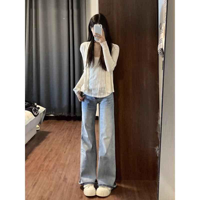 Light Blue Plush High-Waisted Micro-Flare Jeans for Women - 2025 Spring/Autumn Loose Fit Floor-Length Bell Bottoms