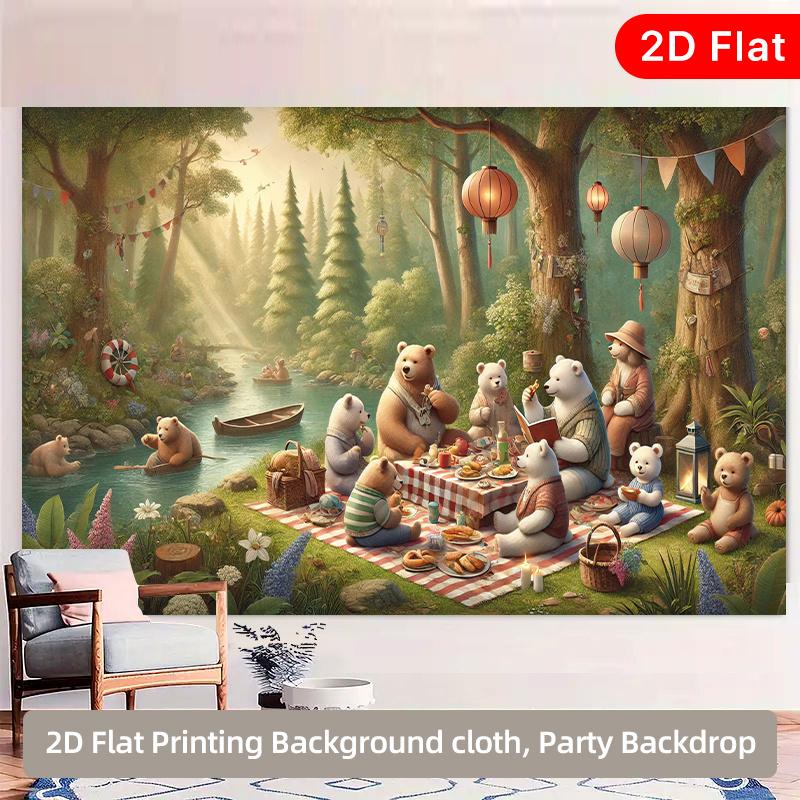 2D Plane Bear Family Forest Picnic Indoor and Outdoor Party Banner Suitable for Birthday Wedding Ball Party Polyester
