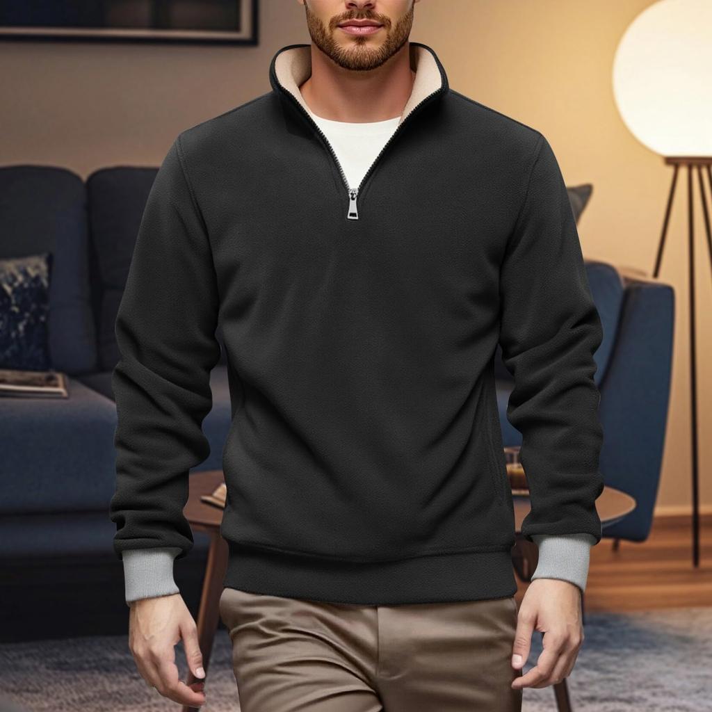 Men's Casual Solid-color Stand-up Collar Pullover, One-third Zipper Long-sleeved Men's Fleece Thickened Warm Sweatshirt