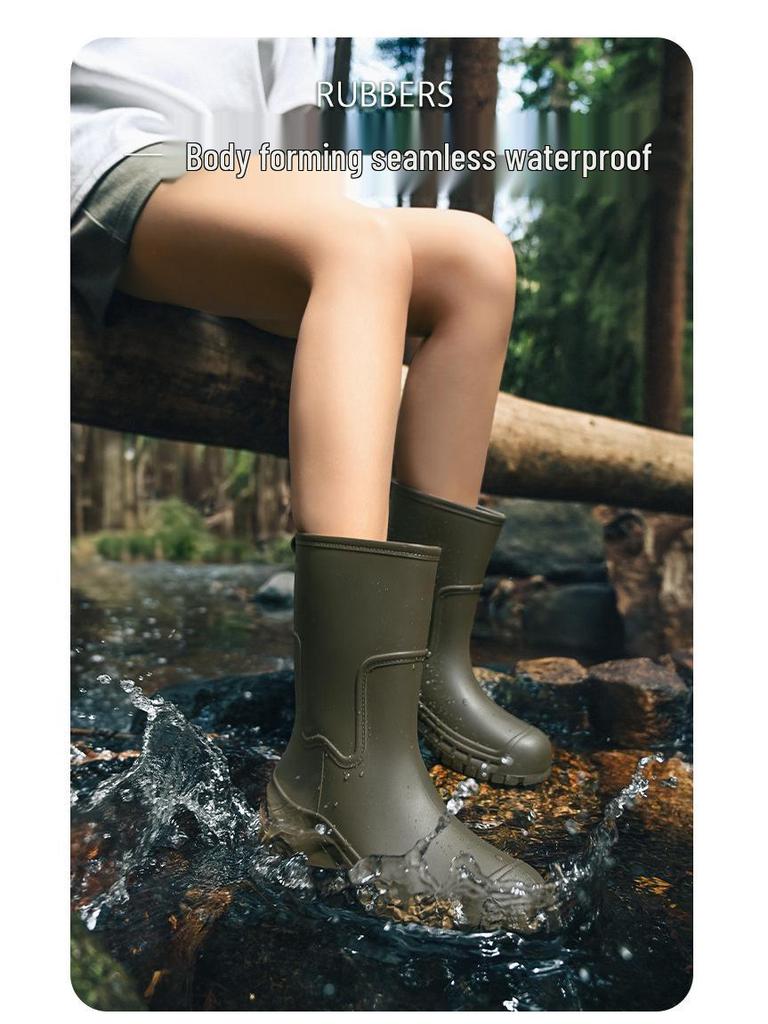 Women's 2025 Fashion Mid-Calf Waterproof Non-Slip Silicone Rain Boots with Thick Sole