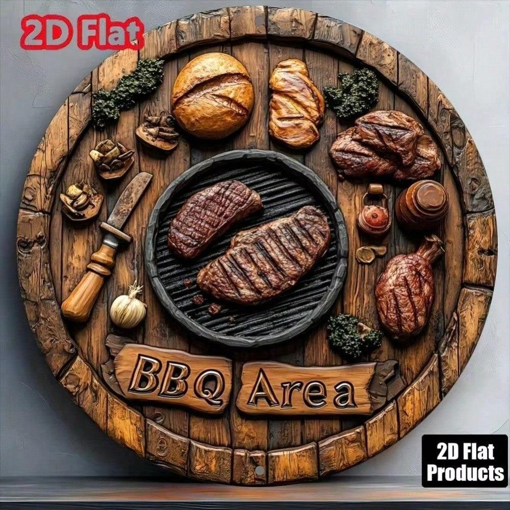 Placca Artistica da Parete Rotonda in Metallo 20x20 cm Segno Rustico per Grigliata BBQ Design Grigliata Carne Tavola di Legno Decorazione Cucina Retrò Bar di Casa Man Cave