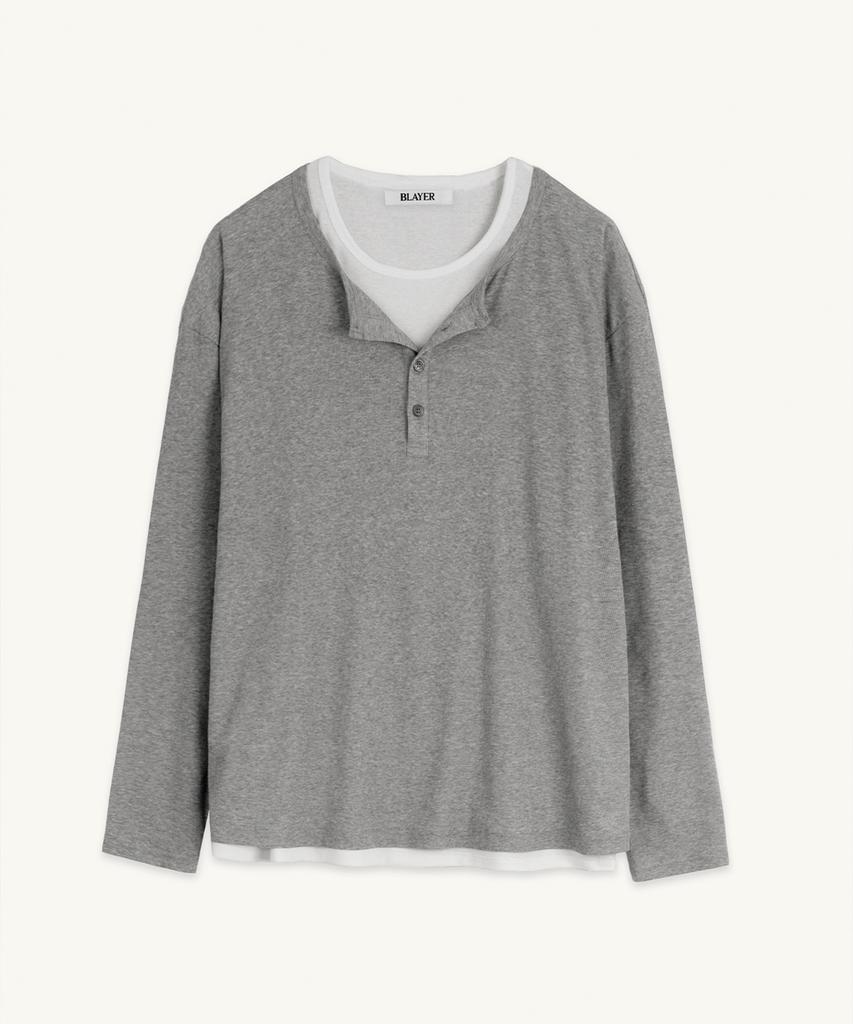 Beulleieo Double Layering Ribbed Henley Neck T-Shirt [M.Grey]