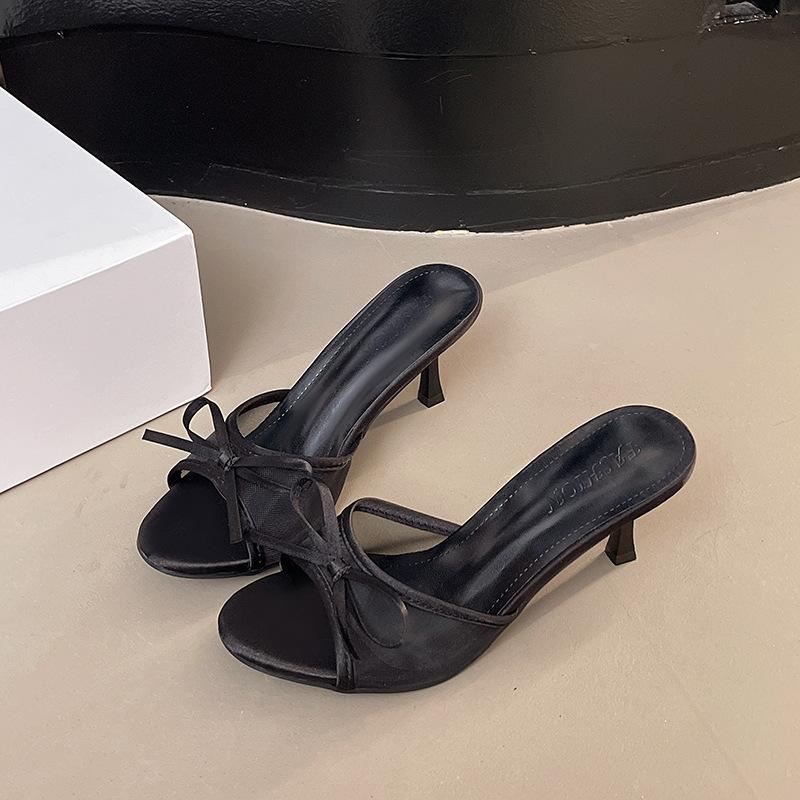 

Versatile slippers New products in summer 2025 European and American French open-toe mesh bow high-heeled cool slippers women 40 чёрный