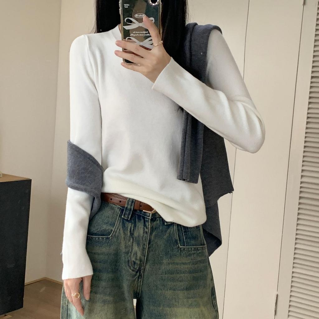 Jednobarevný Slim Minimalistický Top Dámský Pletený Svetr Jaro Korejský Styl Elegantní Základní Vrstva Dlouhý Rukáv Zeštíhlující Košile