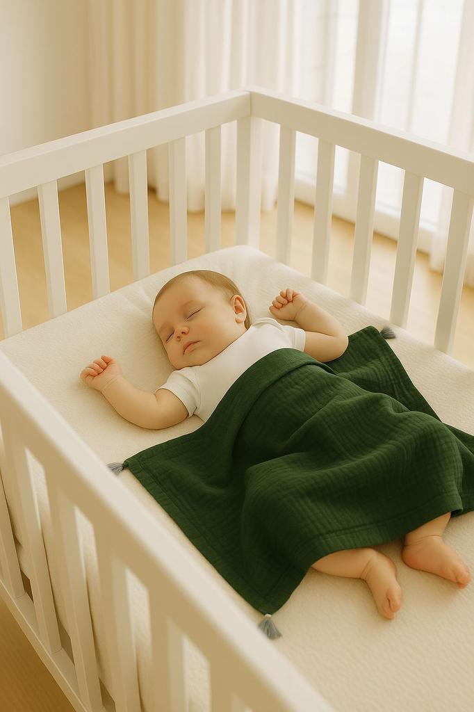 Muslin Baby Blanket with Tassels - Forest Green