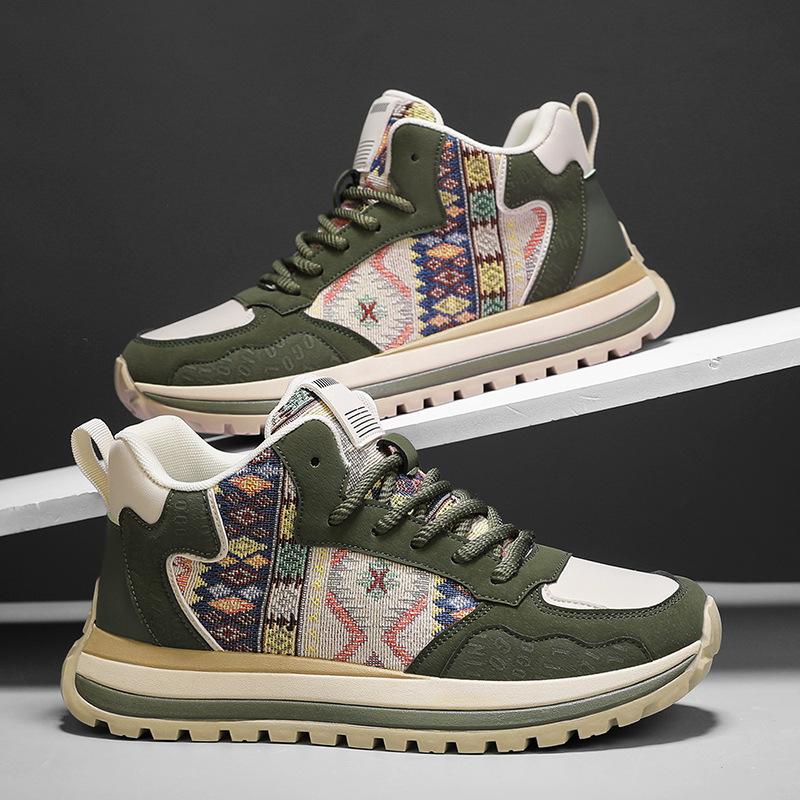National style embroidered dad shoes men's autumn new comfortable cloth versatile high-top outdoor light casual men's shoes