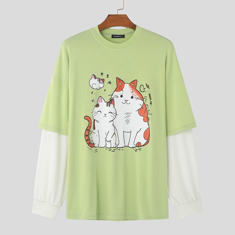 

INCERUN свободные мужские весенние топы с длинным рукавом и милым мультяшным принтом повседневные лоскутные топы 5XL