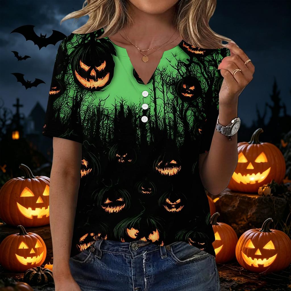 Women's Halloween Print Loose Fit V Neck Short Sleeve Top with Button Detail and Front Pocket Casual Blouse for Seasonal Wear