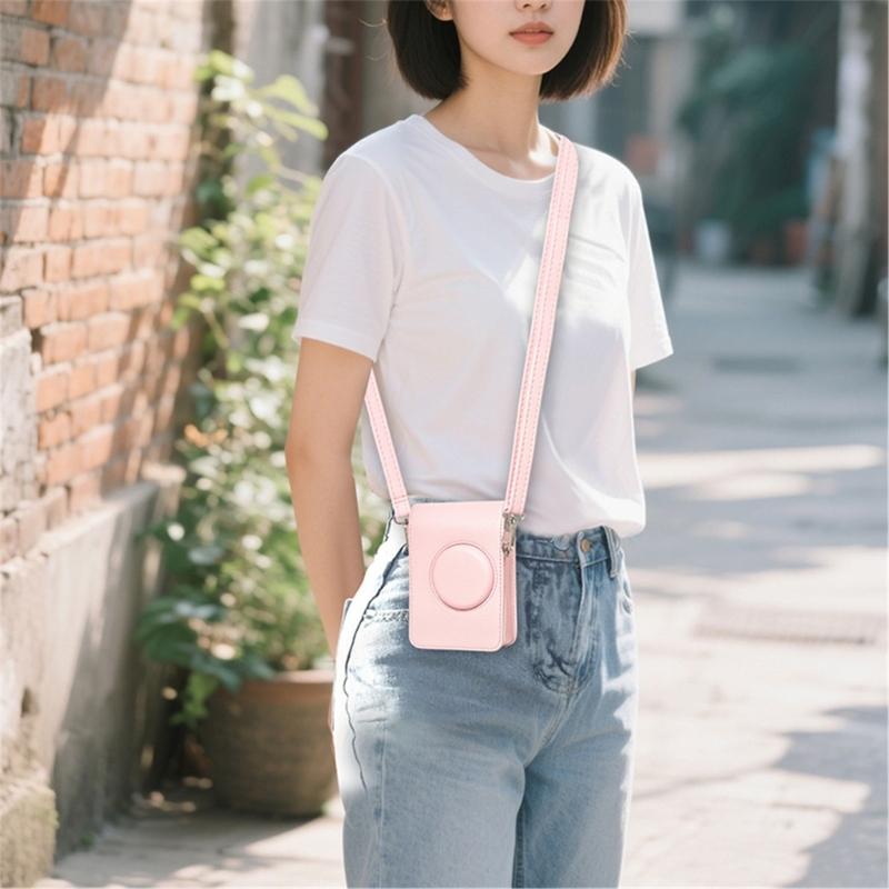 Étui d'appareil photo bandoulière étanche antichoc en cuir PU rose pour Mini EVO Sac de rangement compact avec bandoulière réglable