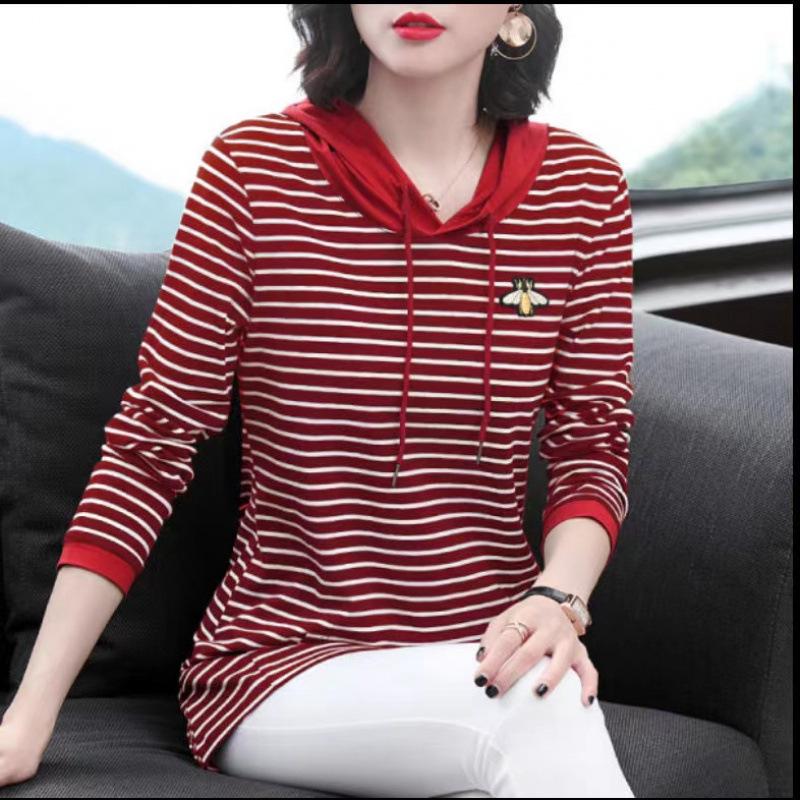 2025 Spring & Autumn Hooded Striped Sweatshirt for Middle-Aged & Plus Size, Mid-Length Mother's Wear
